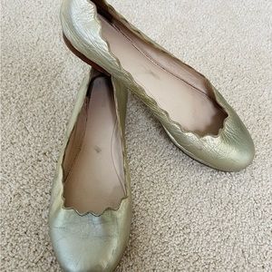CHLOE LAUREN GOLD LEATHER BALLET 34 4 GIRLS HOLIDAY FLATS SCALLOPED EDGE SLIP IN